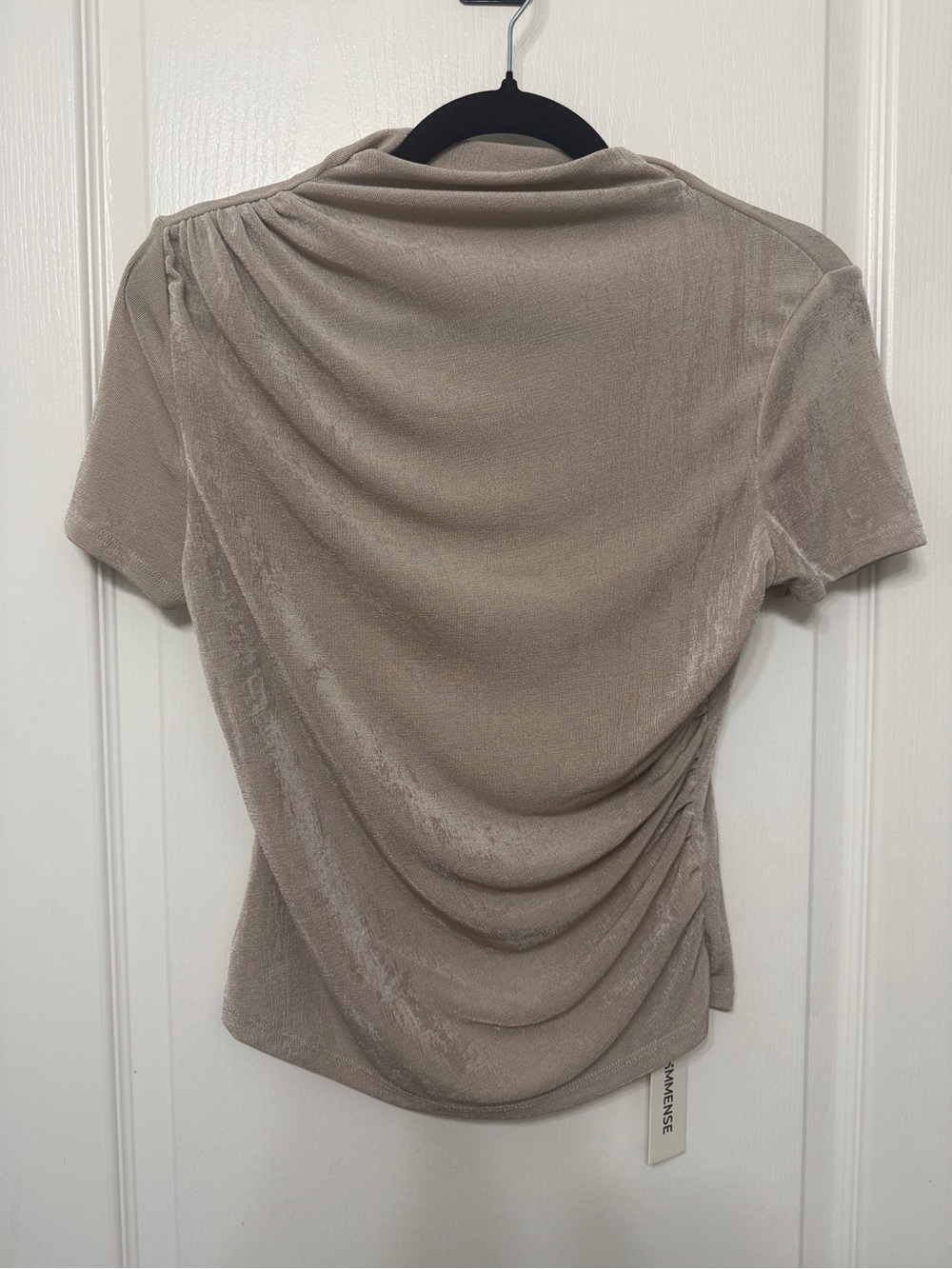 Commense Asymmetric Ruched Short-Sleeve Top in Beige - Picture 4 of 6